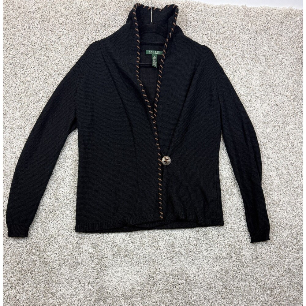 Lauren Ralph Lauren Womens M Black Linen Cotton Cardigan Sweater Shawl Collar